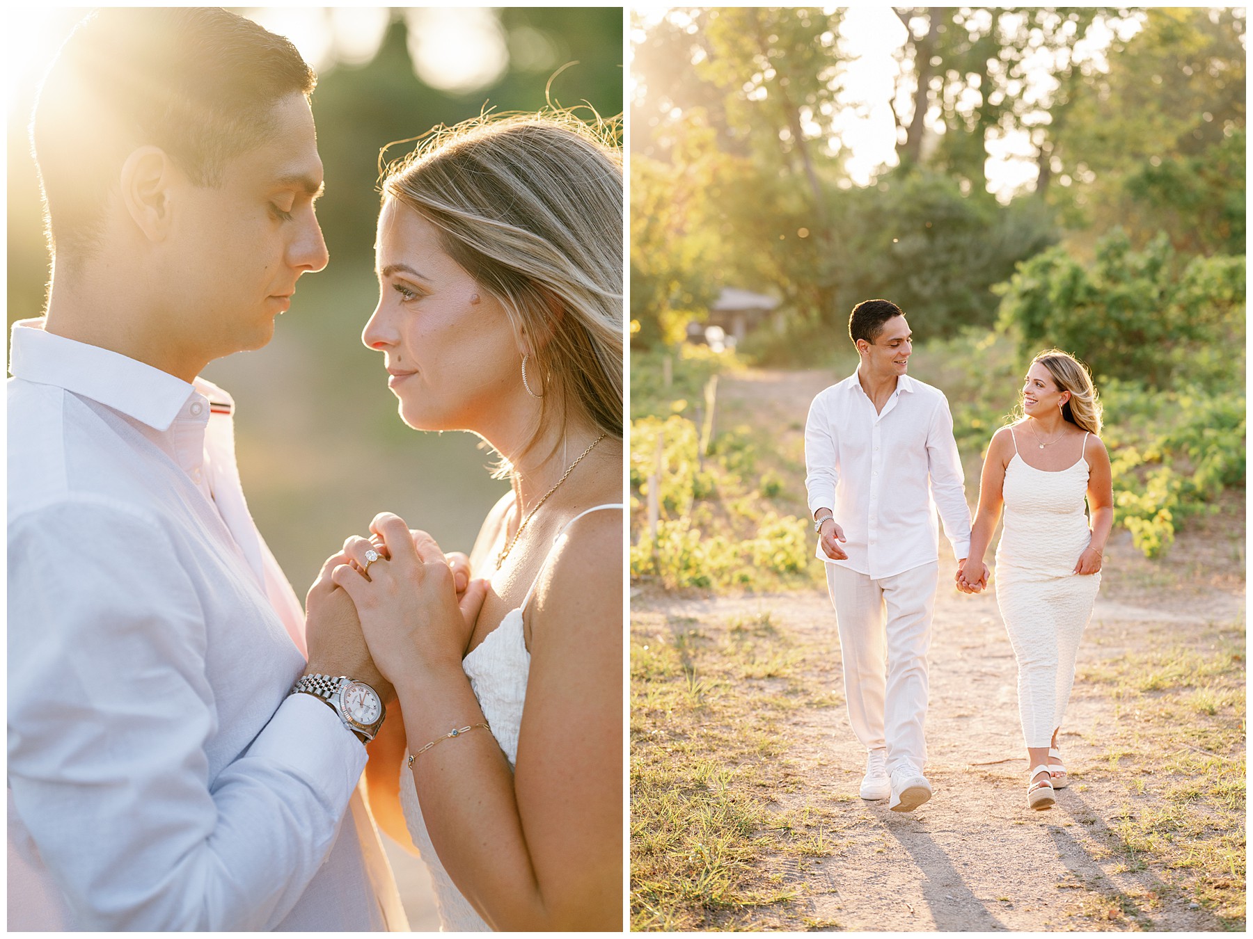 Couple forehead to forehead golden light Erieau beach engagement session